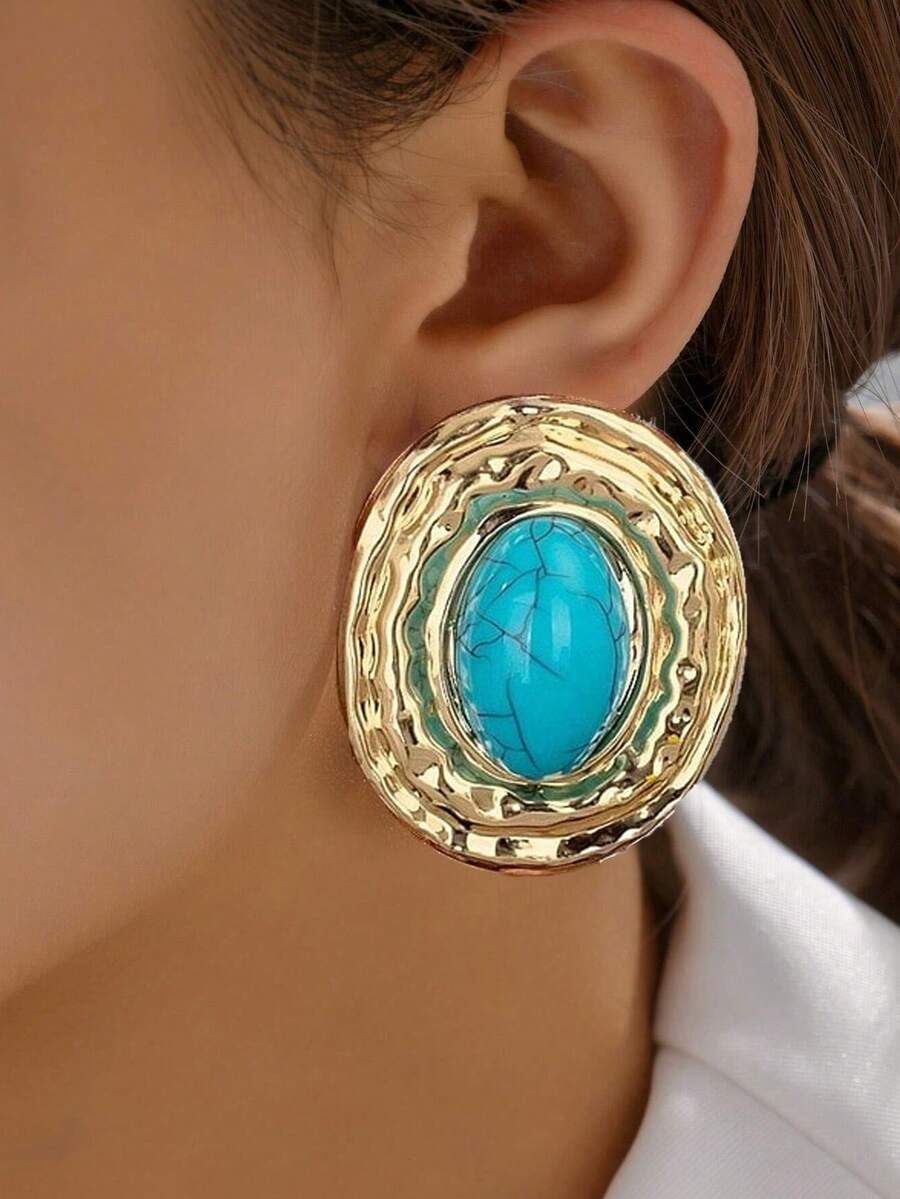 1 Pair Retro Geometric Textured Oval Faux Turquoise Shaped Elegant Elegant Ladies Earrings - Blue - View 1