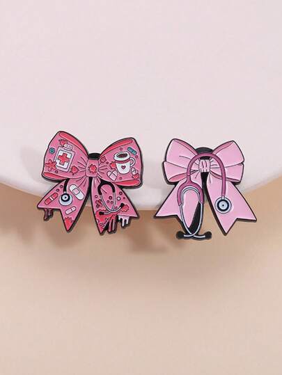 2pcs Cute Pink Bow Shape Brooch, Alloy Oil Drop Badge Clothing Accessories Bag Decoration, Fun Pins, Pin Badge, Cap Pins, School Backpack Pins
