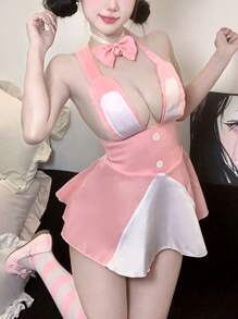 1 Conjunto de vestido de conejita dulce y lindo para niña, con pecho pequeño, traje de uniforme de conejita sexy y lindo, disfraz de cosplay de conejo de anime (se regala un collar + tanga), disfraz de Halloween