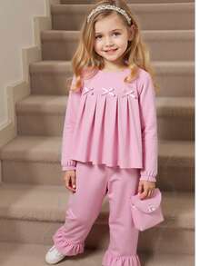 Conjunto de 2 piezas en color rosa, elegante y dulce, con blusa de manga larga con lazo + pantalones anchos cómodos con adorno floral, para primavera/otoño - Rosa - Ver 6