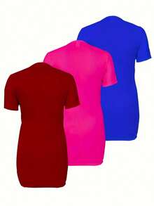 [Plus Size Tee] 3-Pack Plus Size Women's Solid Color T-Shirt Dresses | Polyester Knit Fabric, Crew Neck, Medium Stretch, All-Season - Multicolor - View 4