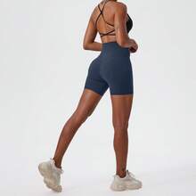 Quần short thể thao nữ co giãn cao, in chữ, màu nude, thích hợp cho chạy bộ, tập thể dục, đạp xe trong nhà và ngoài trời, chất liệu thoáng khí, quần short thể dục mùa hè. - Màu xanh bụi bặm - Xem 5