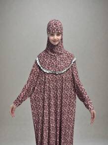Casual Robe For Muslim Girls Aged 11-16, Elegant School Style, Slim Fit Modest Robe For Muslim Teens, Multi-Color Options, Floral Print Abaya For Muslim Girls Age 11-16, Sweet & Vibrant, New Muslim Girls Floral Headscarf With Lace Trim