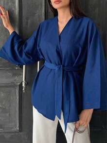 亚麻纯色休闲优雅系腰交叉腰带 - 藍色 - 查看 5