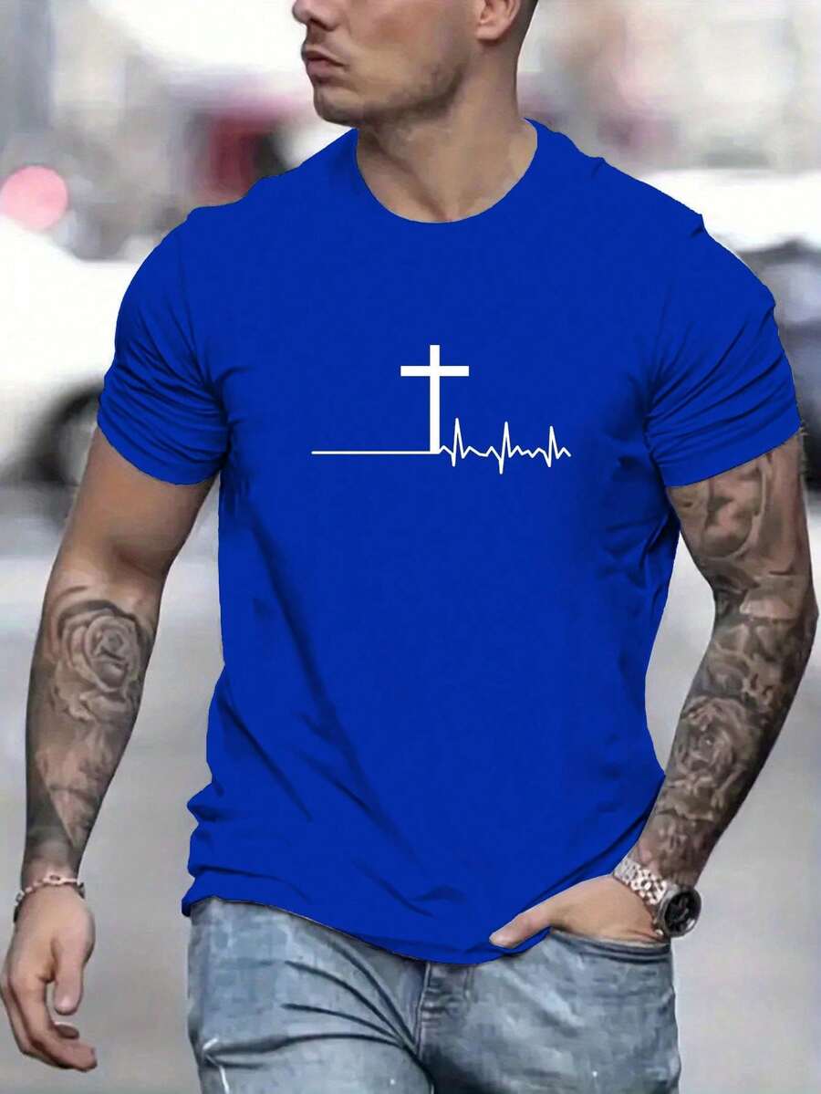 Manfinity Homme Camiseta casual de verano para hombre con cuello redondo, manga corta y estampado de cruz - Azul - Ver 1