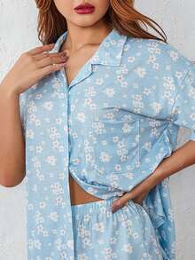 Women 2 Piece Pajamas Set Short Sleeve Floral Print Button Shirt Tops Shorts - Màu xanh lam - Xem 7