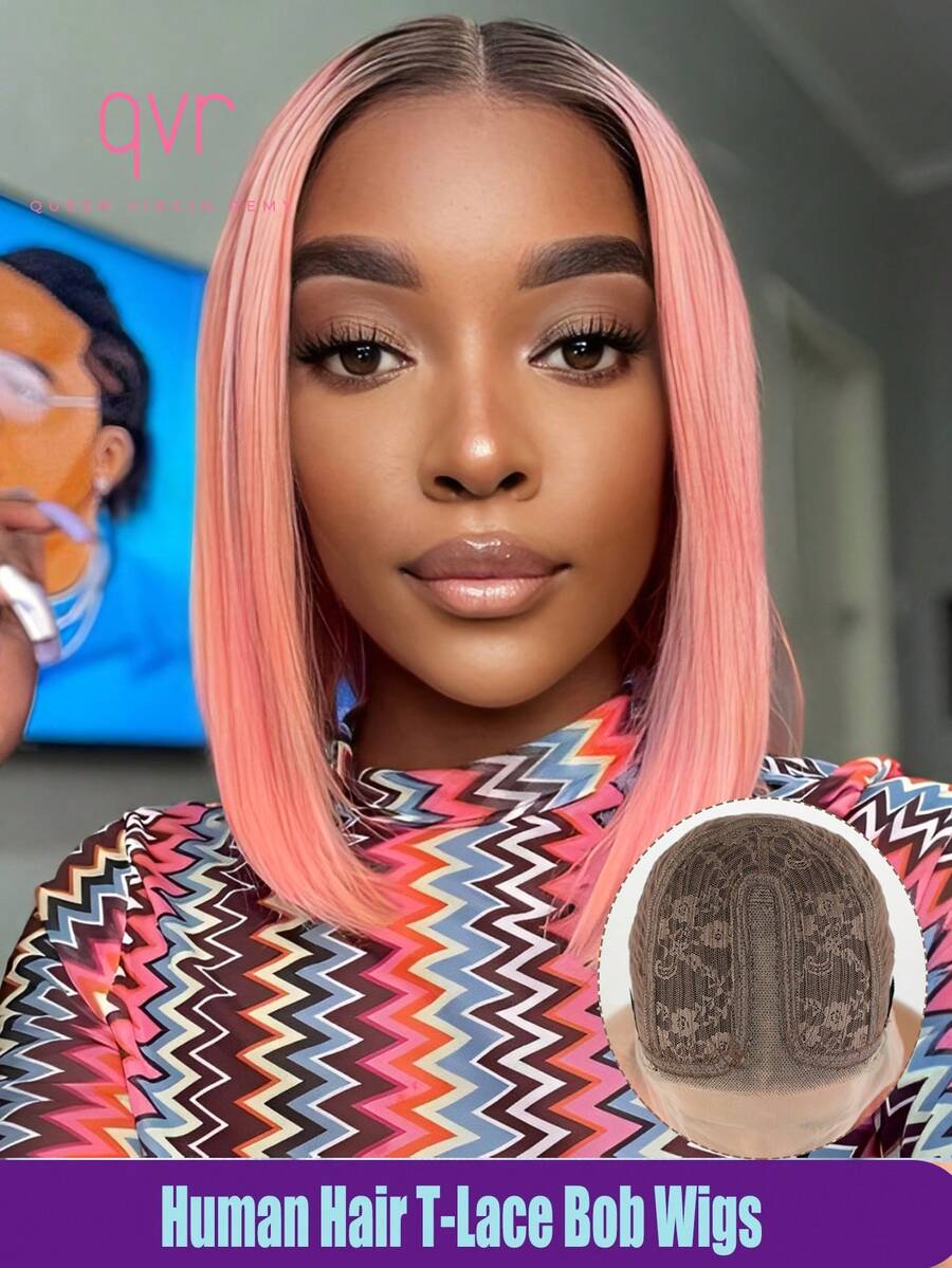 QVR QUEEN VIRGIN REMY Tóc giả bobo ren phía trước kiểu T-part 100% tóc thật, có tóc con, tóc Remy nguyên chất, tóc giả ren rẽ ngôi giữa, đường chân tóc tự nhiên, màu hồng ombre, tóc giả không cần keo dán dành cho nữ. - S4/PINK - Xem 1