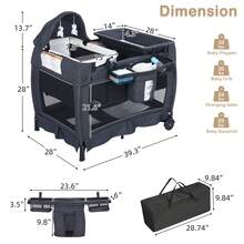 Kinder King 4 In 1 Foldable Pack And Play With Bassinet & Changing Table, Portable Playard For Babies And Toddlers, Convertible Newborn Crib Baby Bed With Canopy, Storage Bag, Dark Gray - 深灰色 - 查看 8