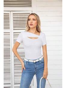 Womens Fashion Fall Cutout Long Sleeve Ribbed Slim Fitted Tops Shirts Tee Tshirts - 短白 - 查看 7