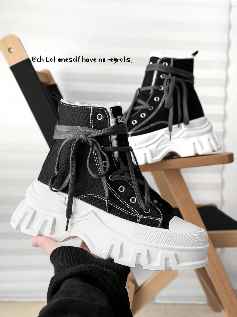 SLnU3 3 件男士时尚休闲厚底靴，朋克学院风帆布交叉带创意系带户外四季皆宜