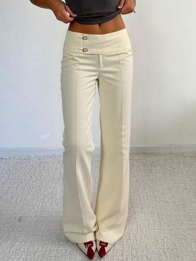 Women Solid Color Elegant Commuter Y2K Straight Leg Slightly Flared Pants, Low Waist Minimalist Casual Cargo Pants, Asymmetrical Waistband, Fall/Winter Suitable For Office Outfits For Women, And Date