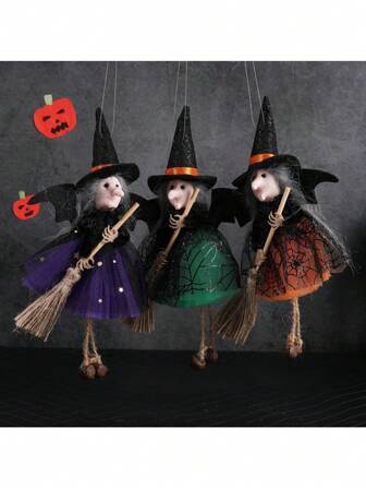 1pc Halloween Pendant Decoration Ghost Festival Witch Holding Broomstick, Gauze Skirt, Hanging Piece, Toy Bar, Horror Hanging Piece, Prank