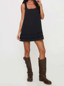 Women Loose Mini Dress Casual Summer Lace Patchwork Square Neck Sleeveless Party Dress For Beach Club Streetwear - 黑色 - 查看 2