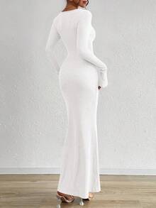 Women's Fall Fashion  Long Sleeve Maxi Dress Ribbed Knit Boat Neck Bodycon Casual Dresses Going Out Outfits - 白色 - 查看 2