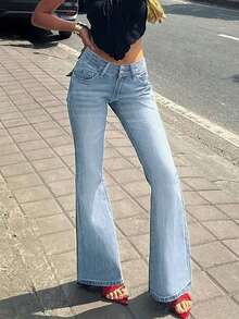 波西米亚风 Y2K 刺绣后袋浅色喇叭牛仔裤，女款，初秋休闲春季 - 淺色水洗藍 - 查看 3