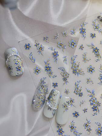 1 Sheet 5D Metal Gold Plated Flower Nail Art Stickers Glitter Celadon Flower Petal Self Adhesive Nail Slider Decals Decorations Accessories DIY