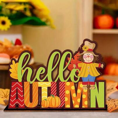 1pc Charming Country Style "Hello Autumn" Desktop Sign - Thanksgiving And Fall Decor With Pumpkins, Leaves And Gnome Figures, Farmhouse Style, Great For Home And Office, Thanksgiving Decor Decorative Plaque Durable Fall Decor, Home Fall Decor