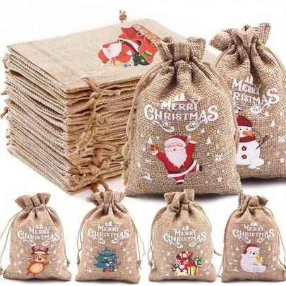 16/12/6件圣诞麻布袋、礼品袋、彩色卡通圣诞套装、糖果礼品包装袋、礼品包装袋、糖果零食储存包装袋、圣诞派对装饰品、圣诞礼物