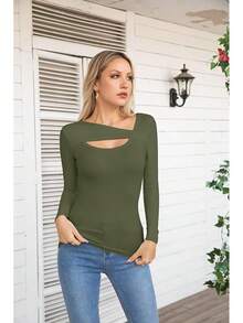 Womens Fashion Fall Cutout Long Sleeve Ribbed Slim Fitted Tops Shirts Tee Tshirts - Xanh dài - Xem 2