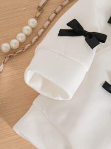 Conjunto de 2 peças de moletom com capuz e calça de lã com decoração casual de laço, gola redonda, ombro caído, manga comprida, para meninas, adequado para outono e inverno