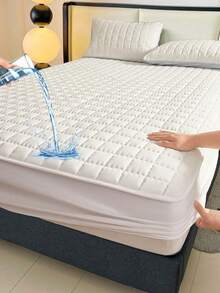 1pc Waterproof Fitted Sheet, Bedding, Halloween Decor, Christmas Decorations, Mattress Cover, Fall Decor, Quilted Bed Cover, Soft And Comfortable Bedding For Bedroom, Bedspread For Bedroom Decor, Halloween Gift, Room Decor, Skin-Friendly Full Coverage Fitted Sheet, Solid Color Grid Design Mattress Protector, Fitted Bottom Sheet For Twin, Full, King, Queen Size, Machine Washable, Perfect Holiday Gift - 白色 - 查看 1