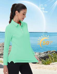 KEFITEVD Women's Polo Shirts Long Sleeve Golf T Shirt Quick Dry UPF 50+ Sun Protection Lightweight Athletic Tennis Shirts - Màu xanh Bạc hà - Xem 5