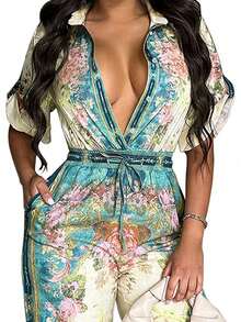 女式夏季印花度假宽松连体裤 - 藍色 - 查看 6