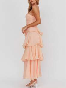 Y2k Strapless Maxi Dress For Women Ruffle Cute Mesh Bodycon Dresses Backless Solid Flowy Midi Long Dresses Cocktail Beach Vacation Sundres - Pink - View 2