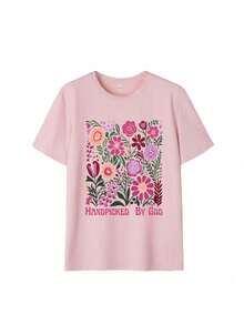 Camiseta Manga Corta Cuello Redondo Estampado Flores Mosaico Mujer - Rosa - Ver 2
