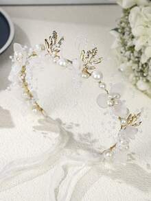 1 件花朵公主头饰珍珠新娘发饰女士婚礼发带 - 白色 - 查看 6