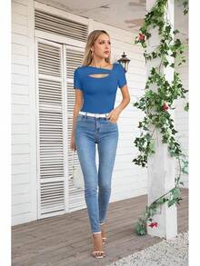 Womens Fashion Fall Cutout Long Sleeve Ribbed Slim Fitted Tops Shirts Tee Tshirts - 短藍 - 查看 5