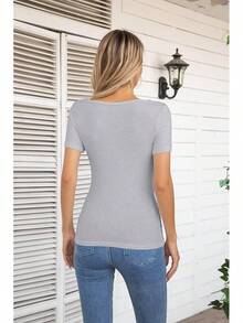 Womens Fashion Fall Cutout Long Sleeve Ribbed Slim Fitted Tops Shirts Tee Tshirts - Short-grey - View 4