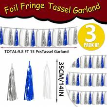 3P Metallic Fringe Tassel Banner Garland Foil Tinsel Streamer Wall Hanging Curtain Backdrop Banner For Parade Floats, Graduation Decorations, Father's Day Party Decoration(Silver)Halloween Christmas New Year - 海軍藍白色銀色 - 查看 2