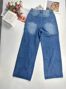 Women's Washed Denim Straight Leg Jeans With Tie Detail, Autumn - Medium Wash - View 4