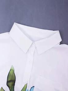 女士花卉印花口袋长袖休闲衬衫 - 彩色 - 查看 3