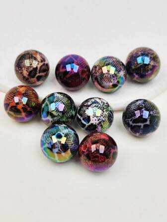 10 pièces de perles imprimées de 16 mm à motif peau de serpent multicolore. Perles à motif de serpent pour la création de bijoux DIY et la décoration. Peuvent être utilisées pour les colliers, boucles d'oreilles, sangles de téléphone, porte-clés