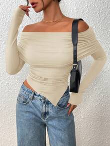 Women's Long Sleeve Shirts Off Shoulder Tops Going Out Slim Fitted Y2K Blouses Fall Fashion Clothes - Màu be - Xem 6