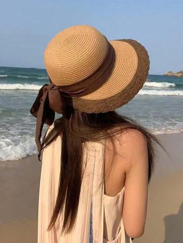 1pc Ribbon Bow Beach Hat, Suitable For Beach Party And Outdoor