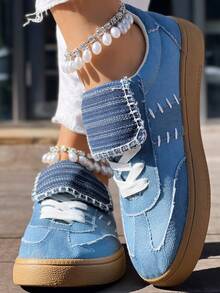 Women's Blue Casual Sports Sneakers, Lace-Up Comfortable Lightweight Flat Shoes, Preppy Style, Back To School Spring/Summer New Arrival, Plus Size - Màu xanh lam - Xem 3