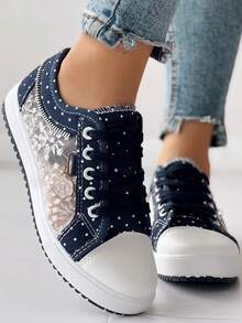 Women's Navy Blue Flower Decor Lace Mesh Low Top Sneakers, ChicMe Essence Autumn/Winter New Round Toe Lace Up Zipper Accent Ladies Casual Fashion Skate Shoes - 深藍色 - 查看 4