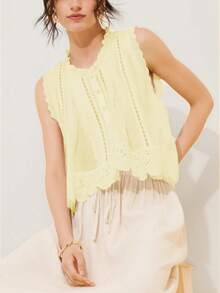 Women Boho Floral Eyelet Button Down Tank Tops Vintage Embroidery Solid Color Ruffle Sleeveless Scalloped Hem Loose Fit Vest Crop Tops Summer Casual Cropped Shirts Going Out Tops Beach Vacation Streetwear - 黃色 - 查看 3