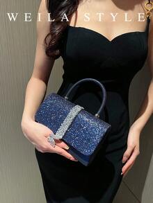 New Sparkly Glitter Evening Bag Clutch Purse For Women Rhinestones Royal Blue Clutch Bag With Handle And Silvery Chains Handbag Shoulder Bag For Party Wedding Formal Occasion Small Clutches Purse - 寶藍色 - 查看 3