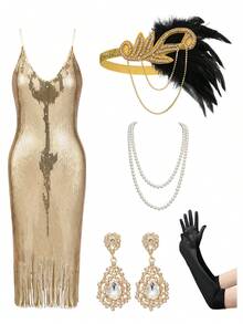 5Pcs Flapper Dresses 1920s Gatsby Dresses For Women Roaring 20s Costumes Great Gatsby Outfits With 20s Accessories Set - 金色 - 查看 1