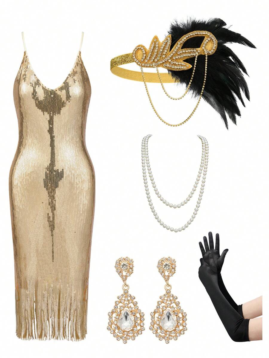 5Pcs Flapper Dresses 1920s Gatsby Dresses For Women Roaring 20s Costumes Great Gatsby Outfits With 20s Accessories Set - 金色 - 查看 1
