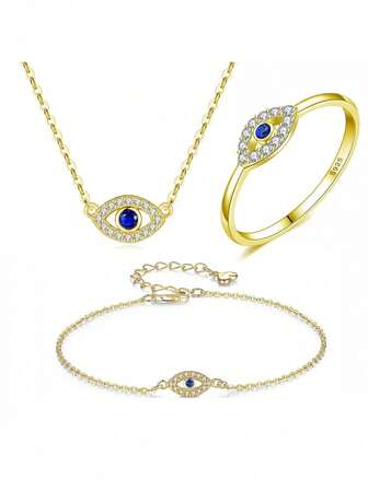 TONGZHE Conjunto de joyería con ojo malvado de Turquía para mujer, colgante azul de plata de ley 925, anillo, collar, pulsera, regalo de boda para chica
