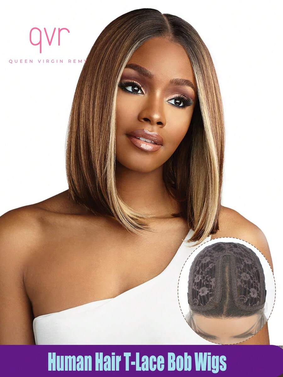 QVR QUEEN VIRGIN REMY 100% Human Hair T-Part Lace Front Bobo Wig With Baby Hair, Virgin Remy Hair, Middle Part Lace Wig, Natural Hairline, Piano Brown With Blonde Mix Color, Glueless Wig For Women - S4/27/613 - View 1