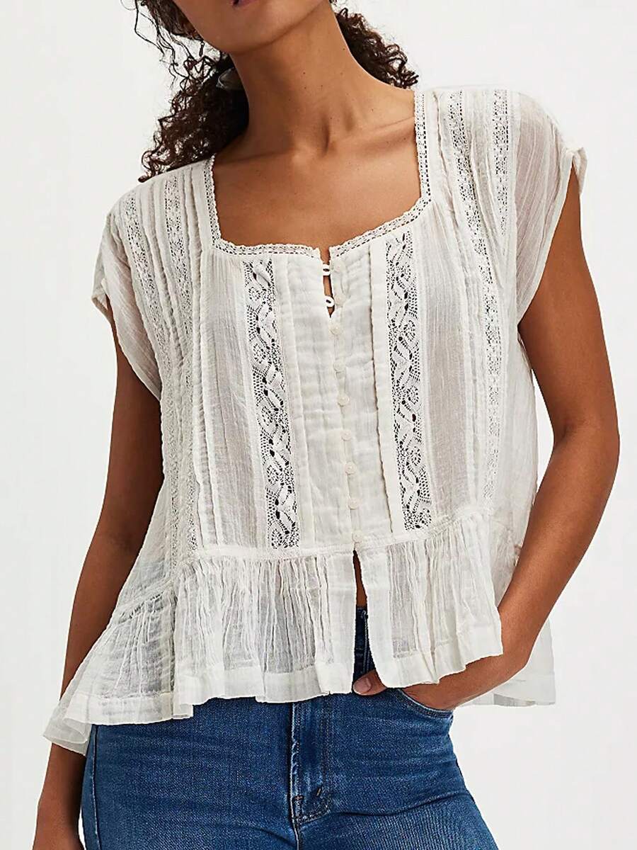 Blusa mujer de manga corta con cuello cuadrado, con volantes, botones y encaje, de estilo boho, fluida y transparente, suelta, para salir, de verano y vacaciones - Blanco - Ver 1