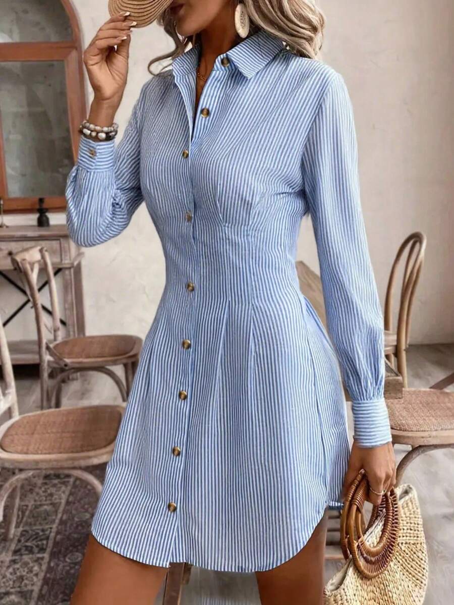 Women's Elegant Striped Long Sleeve A-Line Shirt Dress, High Waist Button Casual Office Dress, Light Color Pastel, Comfortable Polyester Fabric, French Style, Casual Shirt Dress, Office Dress, Elegant Style, Seasonal Striped Casual Button Fabric Pleated Decor Daily Wear