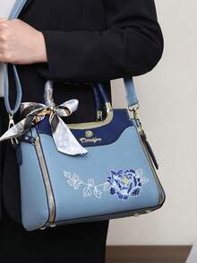 女士时尚包袋套装 - 优雅几何印花、仿皮托特包、斜挎包和手拿包 - 藍色 - 查看 5