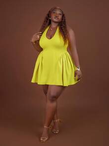 Tildaharris Plus Size Women Tied Back Halter Backless Dress, For Hourglass Body Shape, For Summer - Mustard Yellow - View 6